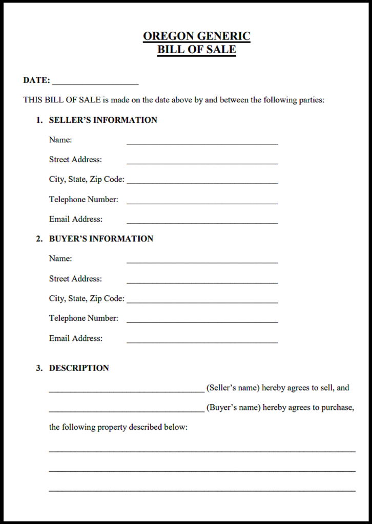 Generic Bill of Sale Oregon PDF