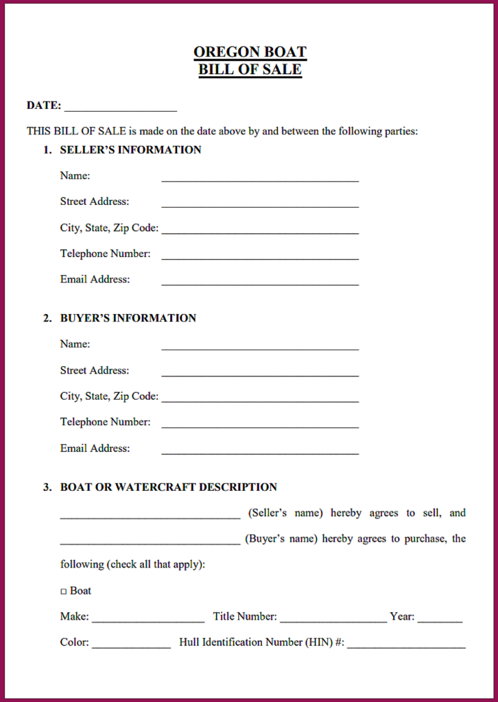 Oregon Boat Bill of Sale Form