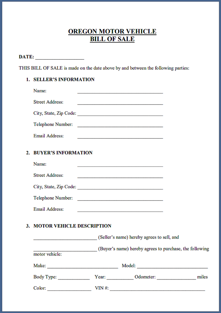 Printable Bill of Sale Oregon Templates